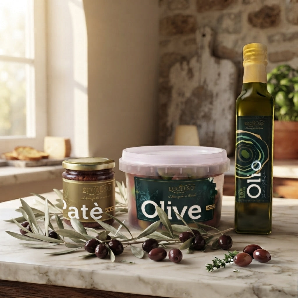 box degustazione olio extravergine di oliva, olive in salamoia, patè di oliva