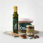 box degustazione olio extravergine di oliva, olive in salamoia, patè di oliva